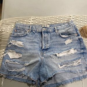 Distressed high rise denim shorts
